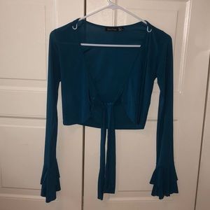 Teal tie front cropped top with bell sleeves
